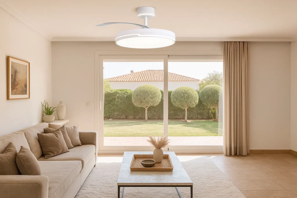 Ventilador de techo de diseño NARVI instalado en un salón moderno en Murcia, funcionando como elegante lámpara de techo.