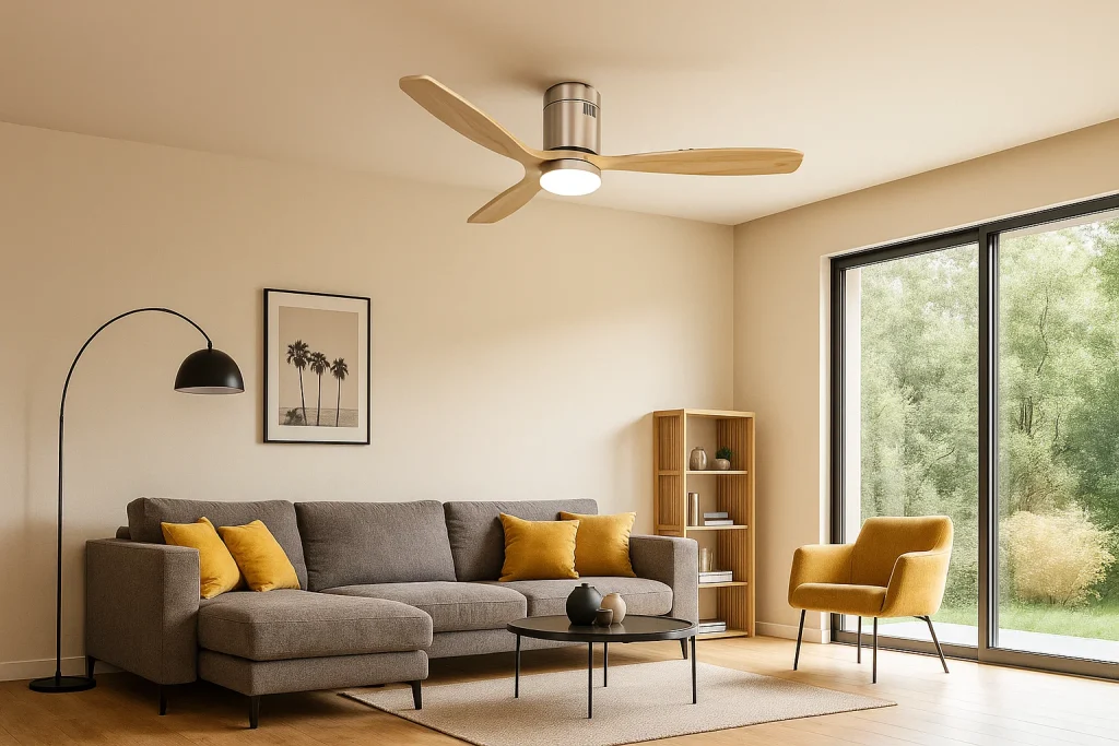 Ventilador de techo de madera instalado en un salón moderno, aportando un toque de diseño y calidez.