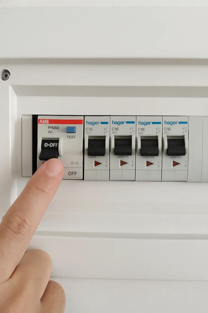 Primer plano de un cuadro eléctrico mostrando el interruptor diferencial que ha saltado.